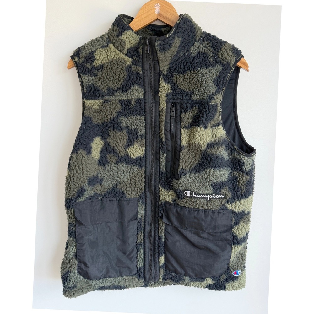 Champion Mens Camo High Pile Fleece Vest M Green Camouflage Textured Gorpcore